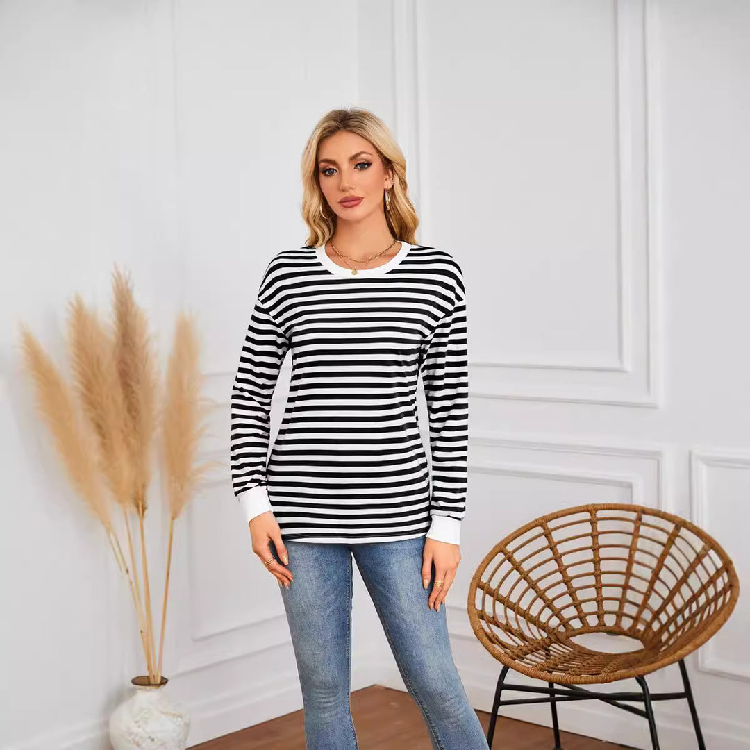 Damen gestreiftes Langarmshirt mit Rundhalsausschnitt Drune