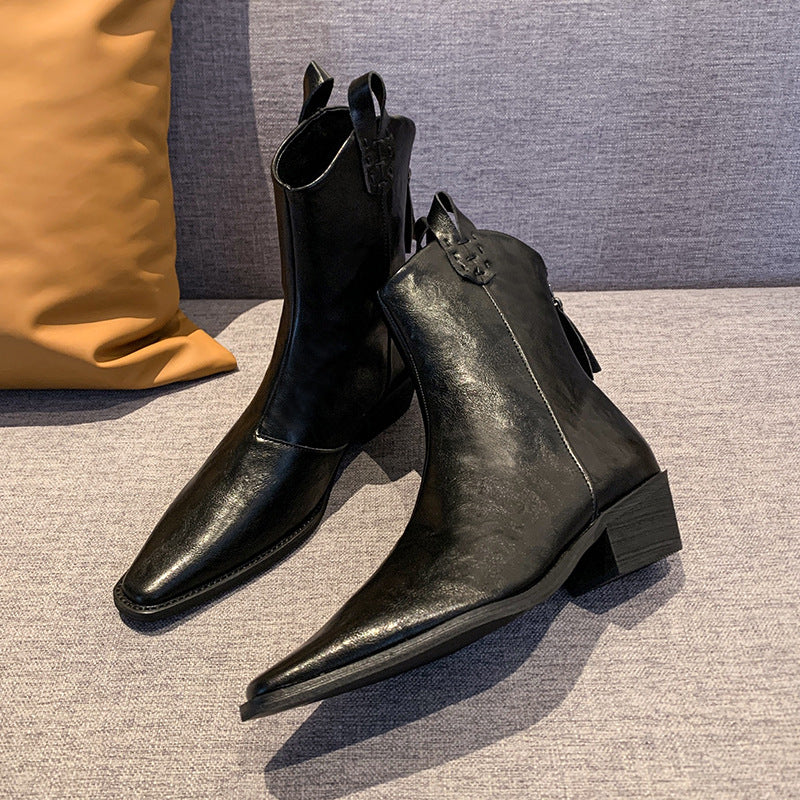 Damen elegante Chelsea-Stiefeletten mit spitzem Zehen-Design und robustem Blockabsatz Drune