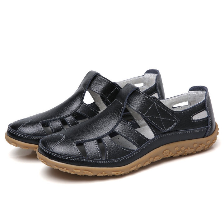 Damen nan geschlossener Leder-Sommerschuh mit Aussparungen Klettverschluss und dämpfender Noppenlaufsohle Drune
