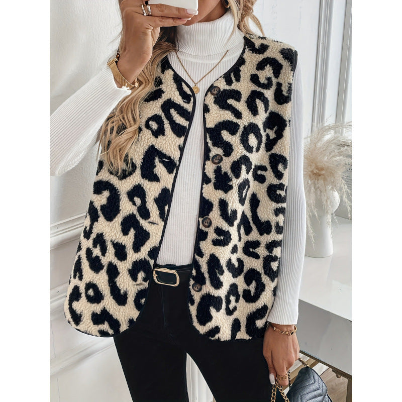 Damen Fellweste mit Leopardenmuster und Knopfverschluss Drune