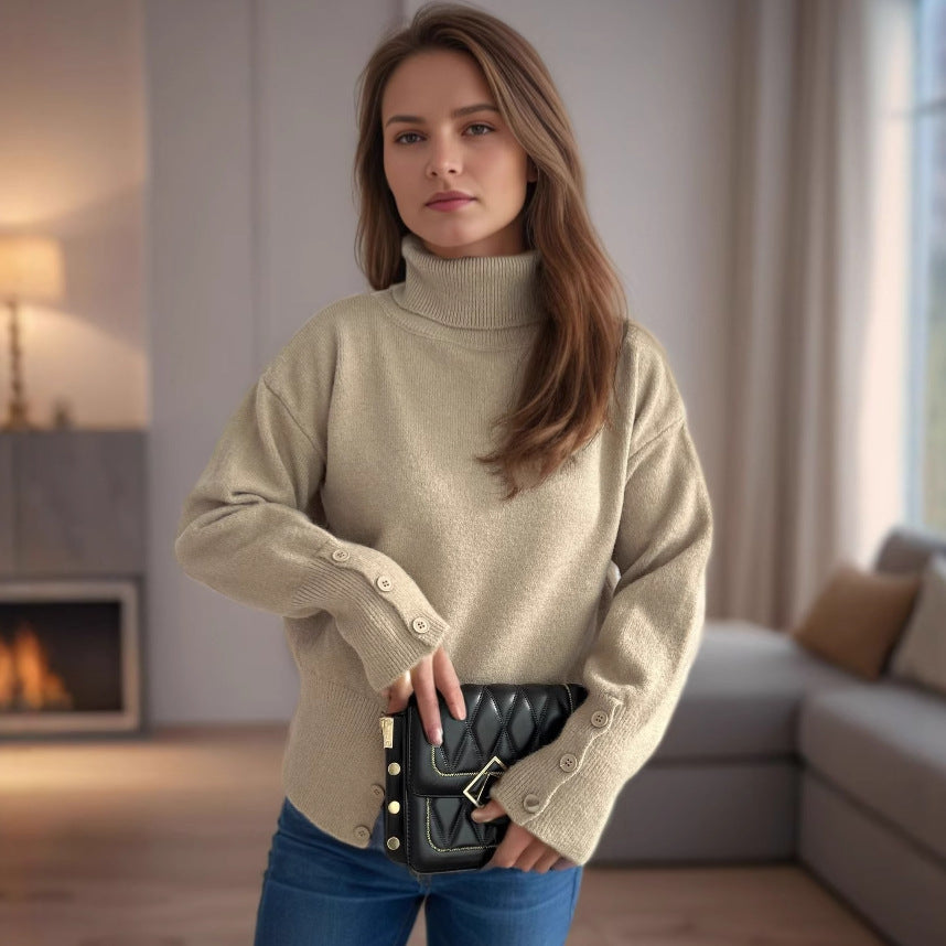 Damen gemütlicher Rollkragenpullover mit Knopfdetails Drune