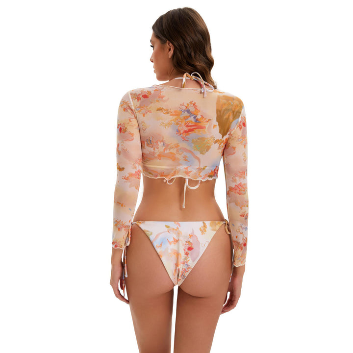 Damen Bikini-Set mit langärmeligem Crop-Top und floralem Design Drune