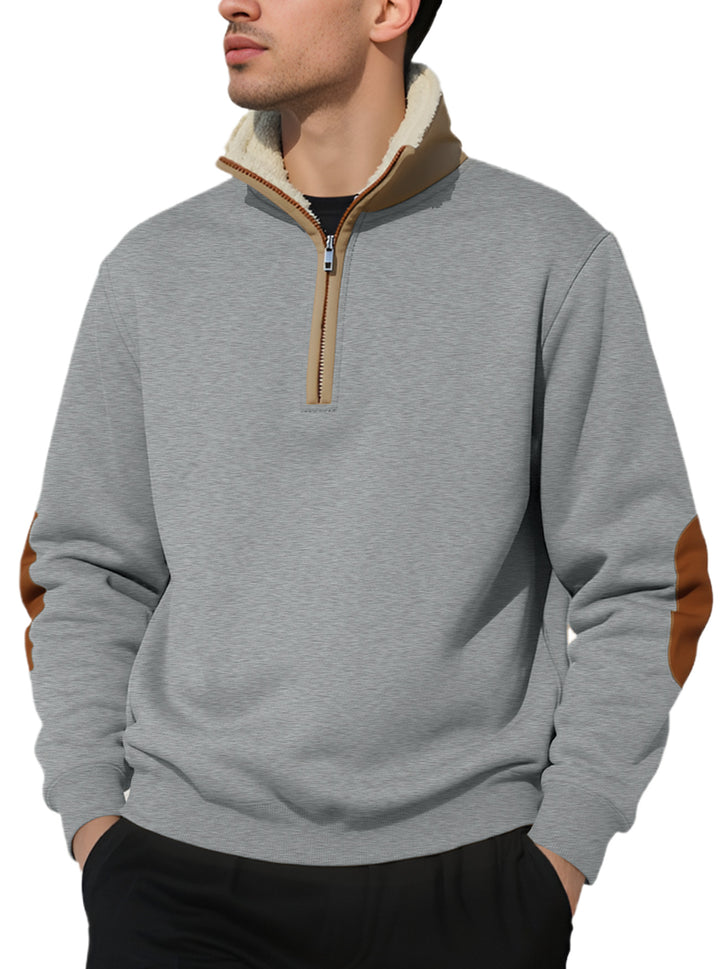 Herren nan legeres Halbzip-Sweatshirt mit Sherpagefüttertem Stehkragen und Kunstleder-Ellenbogenapplikation Drune