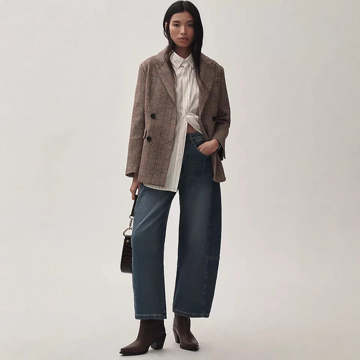 Damen nan hochgeschnittene weite Culotte-Jeans mit verkürzter Länge und dekorativen Nahtdetails Drune