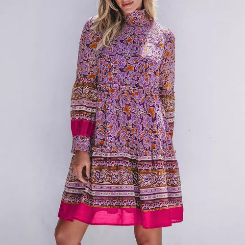 Damen Boho-inspiriertes Midi-Kleid mit elastischem Taillenbund und voluminösen Ärmeln Drune