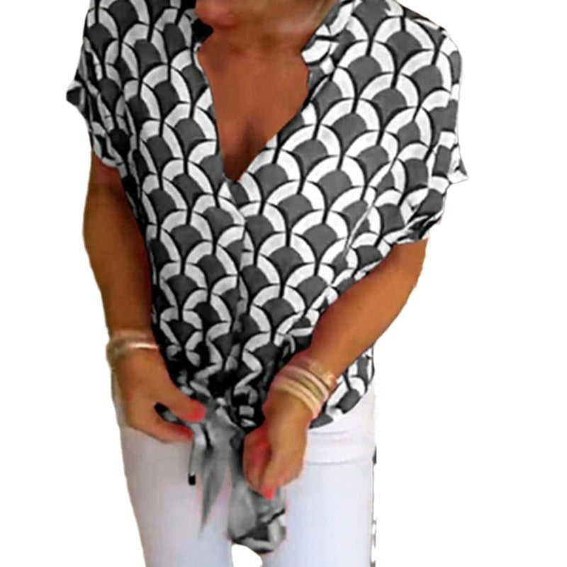 Damen nan kurzärmeliges geometrisches Blusenshirt mit Knotenbund und Stehkragen Drune