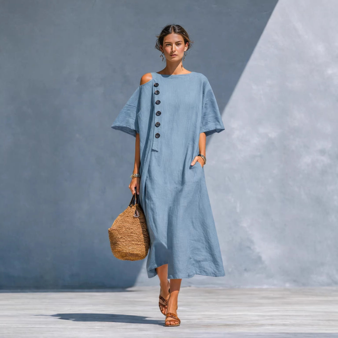 Damen Oversize-Langarmkleid mit asymmetrischem Ausschnitt und Knopfdetail Drune