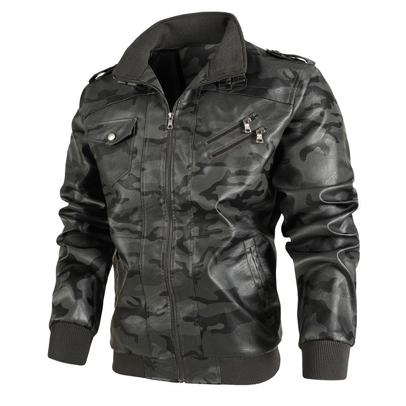 Herren modische Kunstlederjacke im Camouflage-Design mit praktischen Taschen Drune