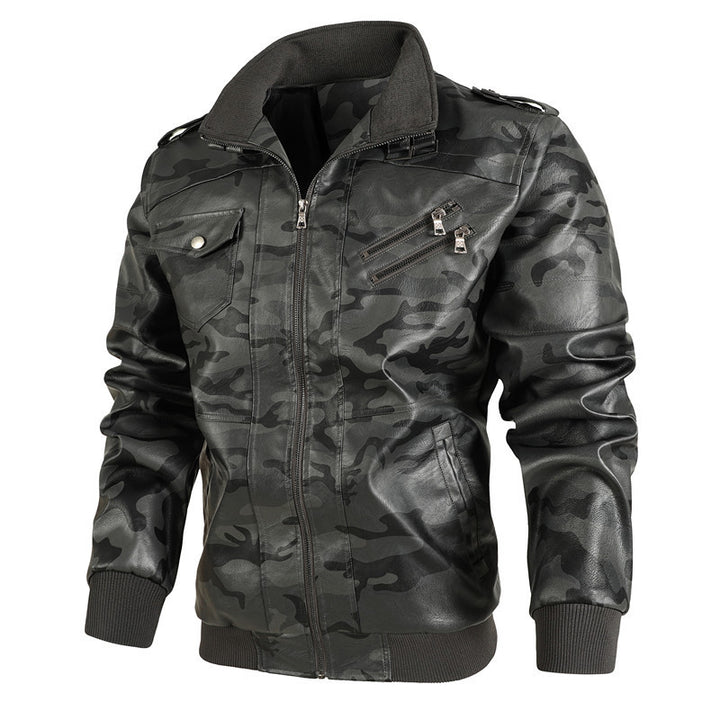Herren modische Kunstlederjacke im Camouflage-Design mit praktischen Taschen Drune