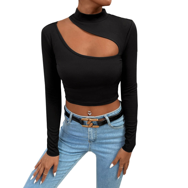 Damen Langarm-Crop-Top mit asymmetrischem Ausschnitt und elegantem Stehkragen Drune