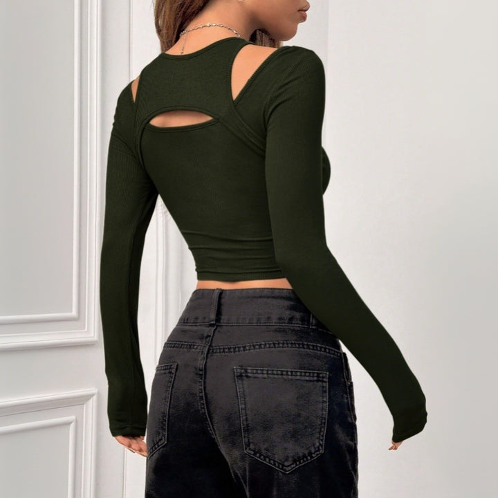 Damen figurschmeichelndes Langarm-Crop-Top mit modischem Cut-Out-Design Drune