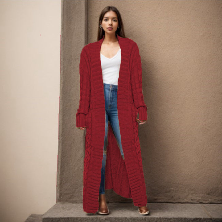 Damen langen Strickcardigan mit hochwertigem Zopfmuster Drune