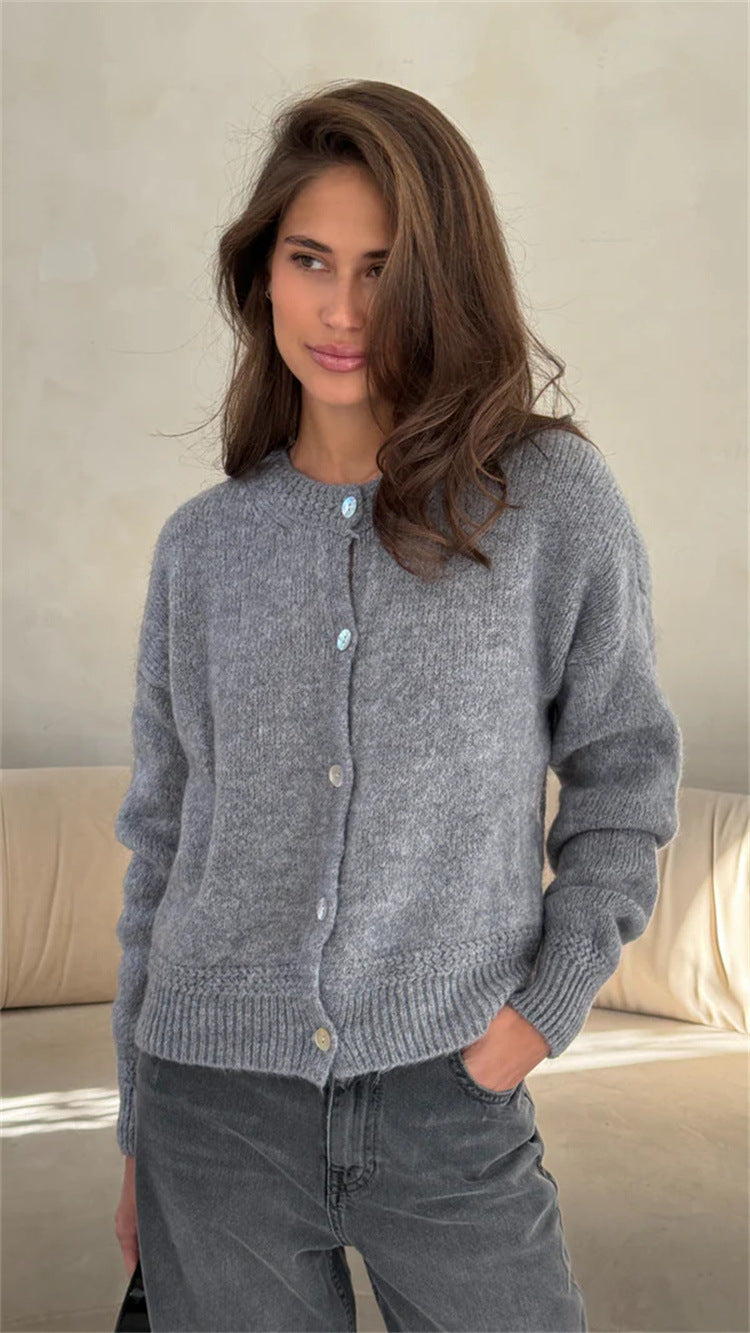 Damen kuschelige Strickjacke mit knöpfbarem Design und voluminösen Ärmeln Drune
