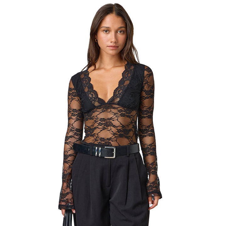 Damen Durchsichtiges Spitzenlangarmbodysuit Drune