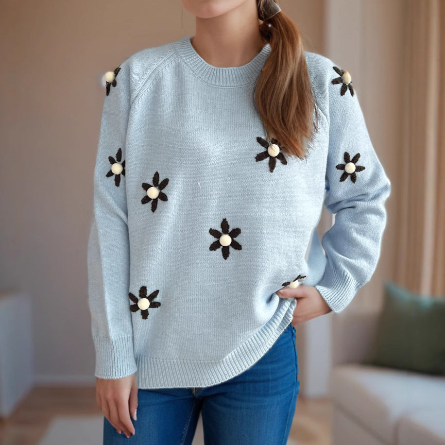 Damen Strickpullover mit floralen Applikationen und lässigem Schnitt Drune