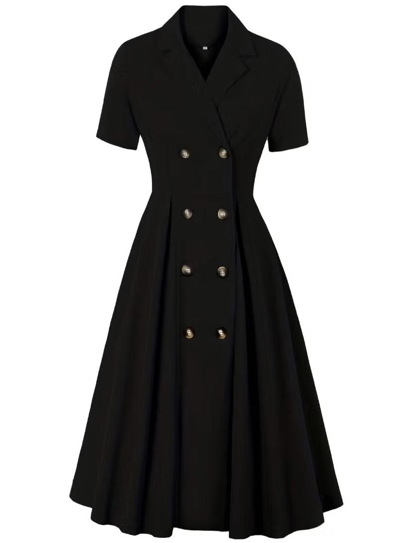 Damen elegantes Midikleid mit doppelter Knopfleiste und schwingendem Rock Drune