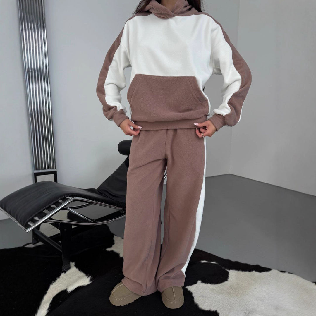 Damen gemütliches Fleece-Casual-Set mit farblich abgesetzten Details Drune