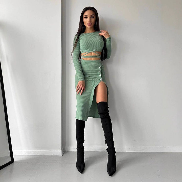 Damen cropped Oberteil und lange hochtaillierte Rockkombination Drune