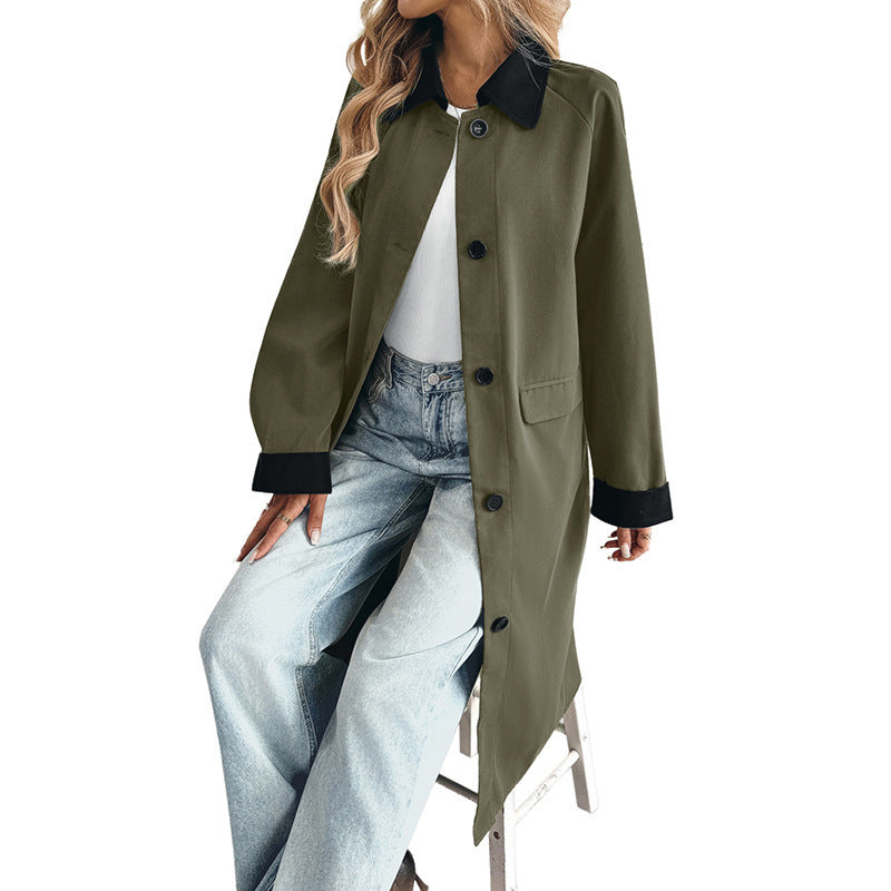 Damen lange Übergangsjacke mit dekorativem Kragen und praktischen Taschen Drune