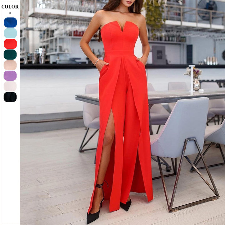 Damen Eleganter Jumpsuit mit schmalen Trägern und seitlichen Eingrifftaschen Drune