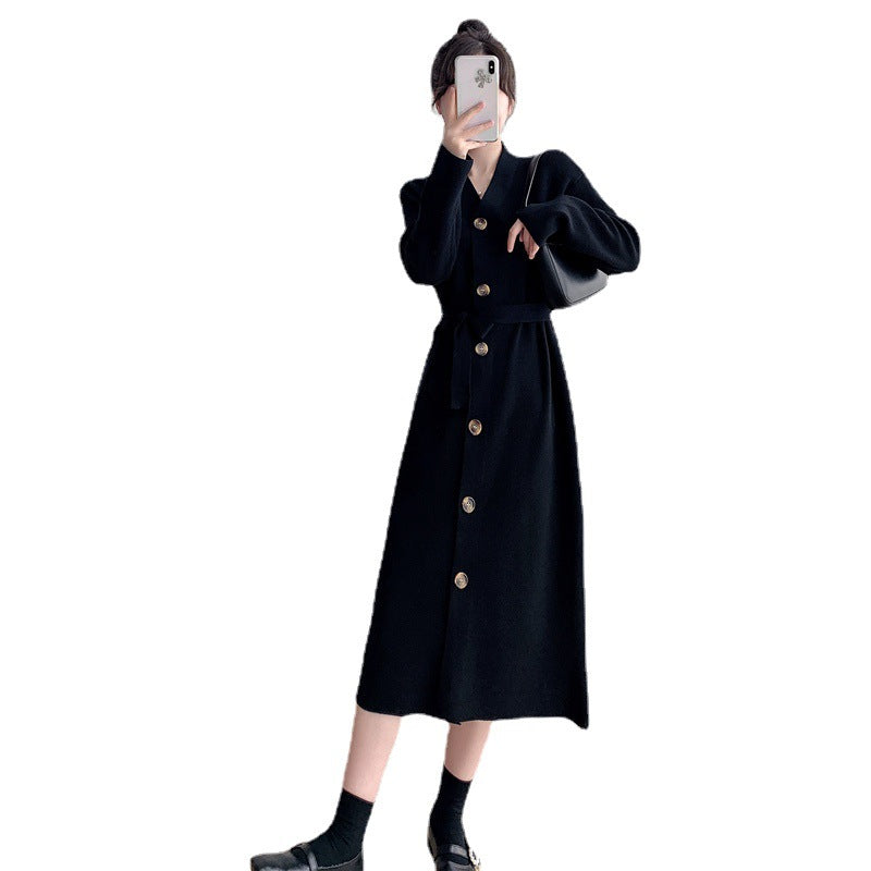 Damen elegantes Strickkleid mit Gürtel und Knöpfen Drune
