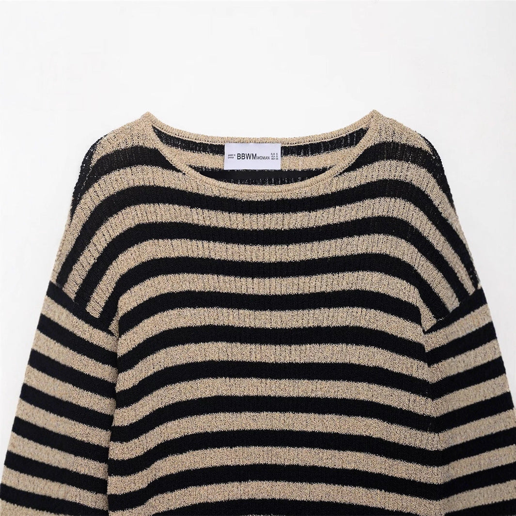 Damen lässiger Strickpullover mit breiten Streifen und weichem Material Drune