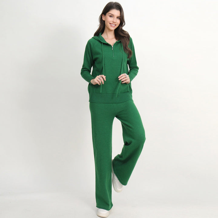 Damen lässiges Strick-Loungewear-Set mit Kapuze und weitem Bein Drune