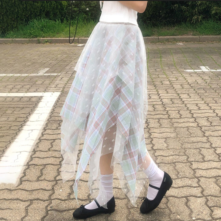 Damen Asymmetrischer Plissee-Rock mit transparentem Chiffonüberwurf und kariertem Design Drune