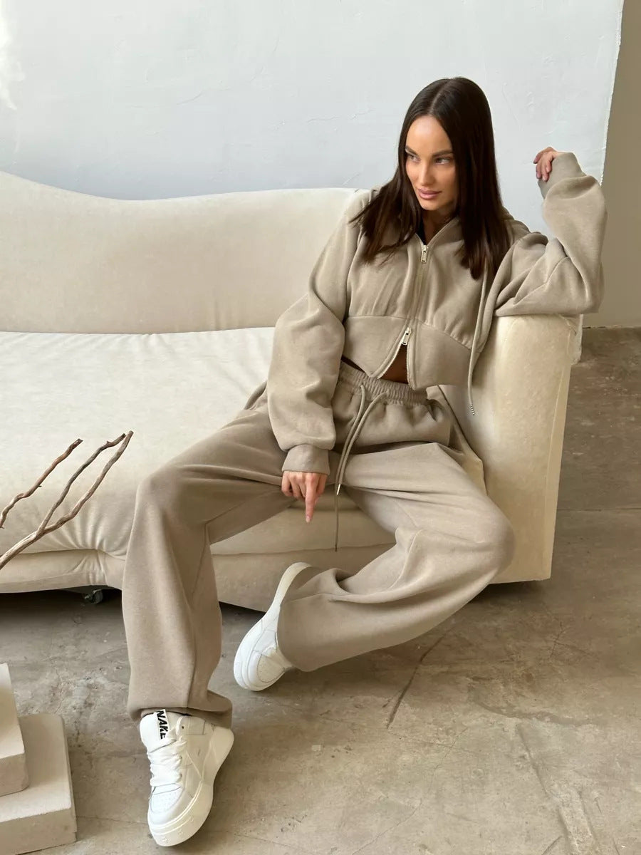 Damen Sportliches Fleece-Loungewear-Set mit Kapuze und verstellbarem Bund Drune