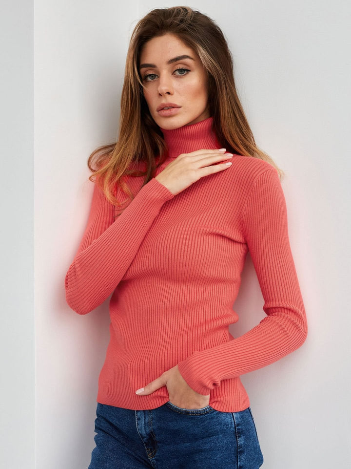 Damen elegante Rippstrickbluse mit hohem Kragen und enganliegendem Schnitt Drune