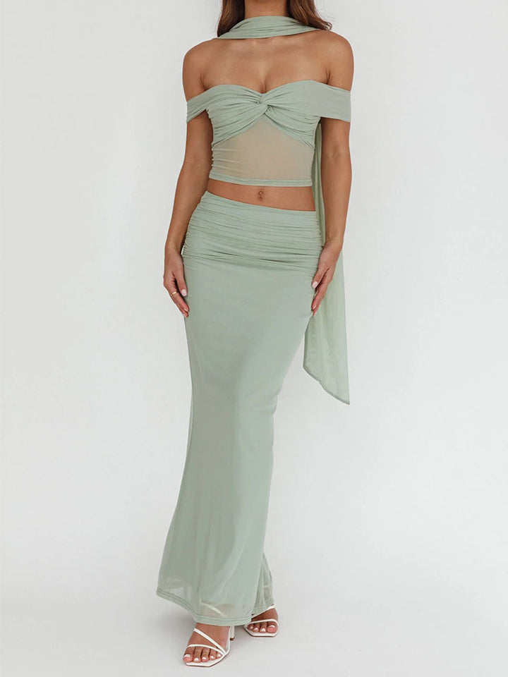 Damen elegantes Wickelkleid mit schulterfreiem Oberteil und drapierter Silhouette Drune
