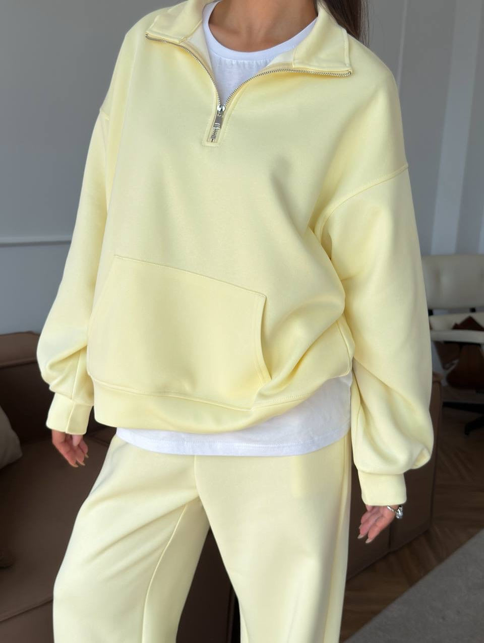Damen bequemer und stylischer Fleece-Pullover mit halbem Reißverschluss und weiten Hosen Drune