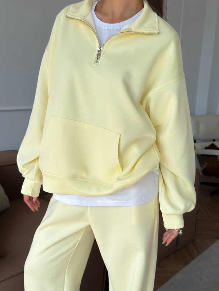 Damen nan weites Halfzip-Lounge-Set mit Kapuzenpullover, Kängurutasche und fließender Wide-Leg-Hose Drune