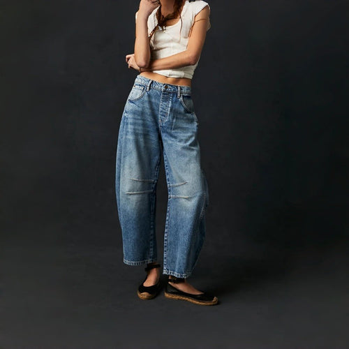 Damen Weite High-Waist Jeans im Vintage-Look mit ausgefallenem Waschverfahren Drune