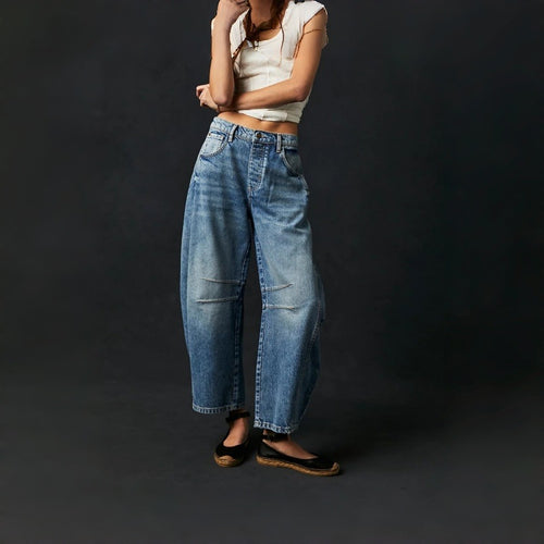 Damen Weite High-Waist Jeans im Vintage-Look mit ausgefallenem Waschverfahren Drune