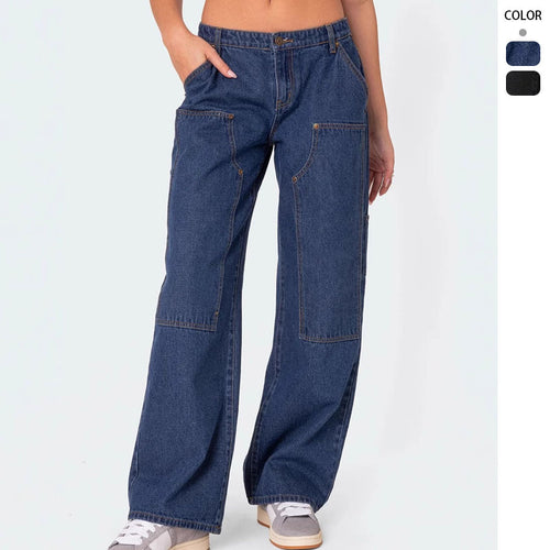 Damen Weit geschnittene Utility-Jeans mit praktischen Taschen und hohem Bund Drune