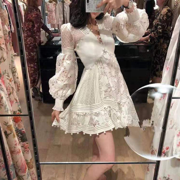 Damen Volantkleid mit Blumenspitze und Puffärmeln Drune