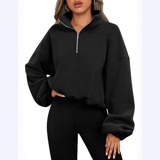 Damen nan kurz geschnittenes Halbzip-Sweatshirt mit hohem Stehkragen, Ballonärmeln und elastischem Saum Drune