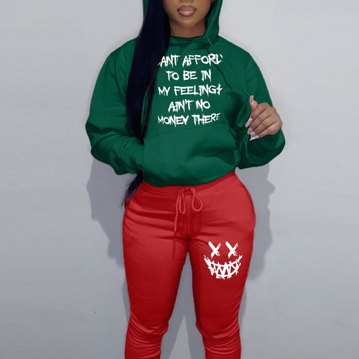 Damen lässiges Hoodie und Jogginghose Set mit einzigartigem Schriftzug und kreativen Motiven Drune