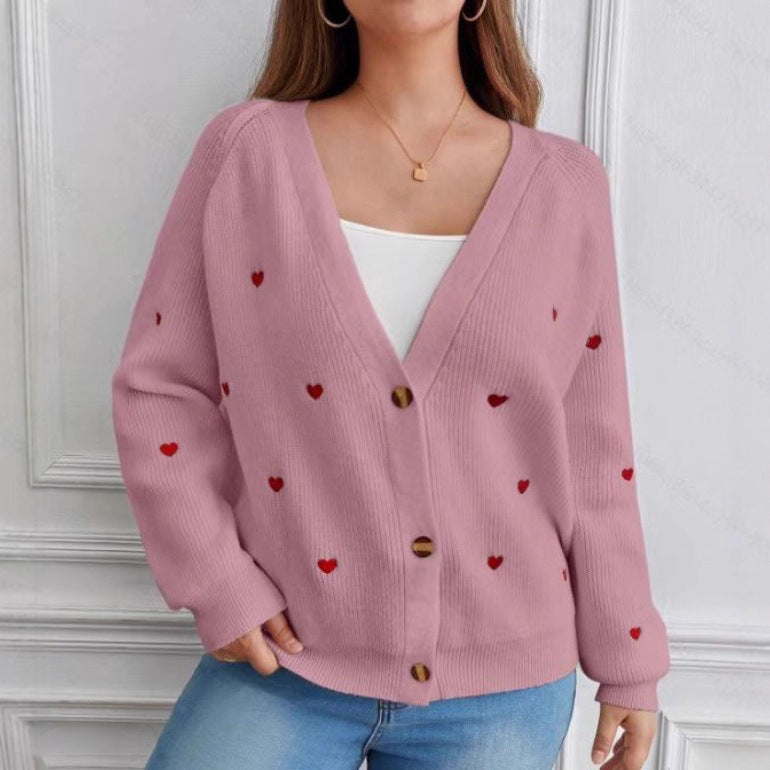 Damen lässige Strickjacke mit Herzapplikationen und tiefem V-Ausschnitt Drune