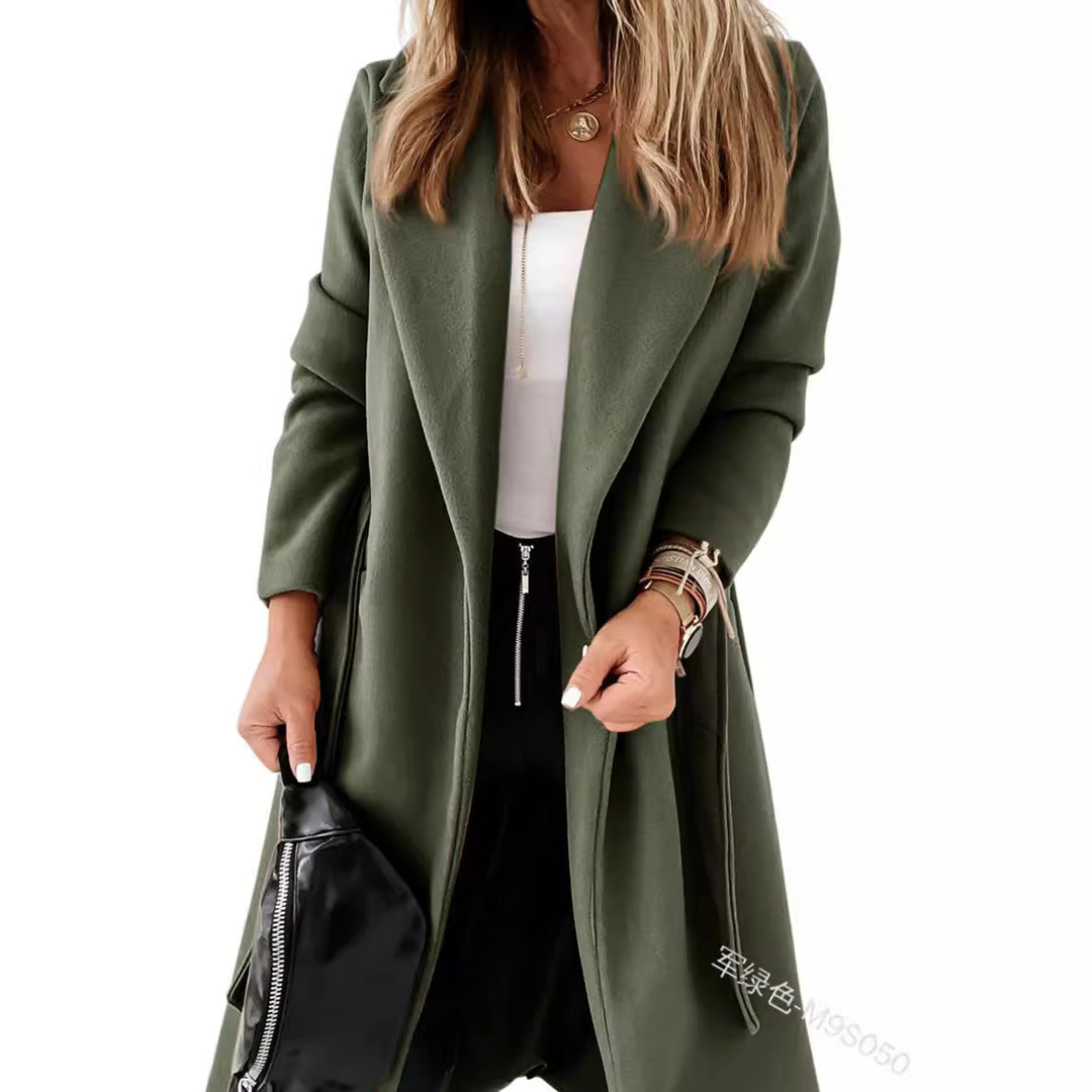 Damen Eleganter und gemütlicher Mantel mit Gürtel und Taschen Drune