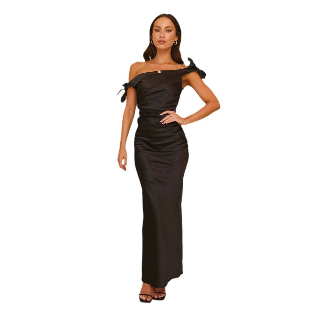 Damen Elegantes Maxikleid mit schulterfreiem Design und raffinierten Bindebändern Drune