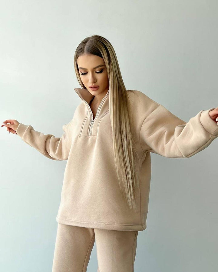 Damen Lockere Sweatshirt- und Jogginghosen-Kombination mit Reißverschluss Drune