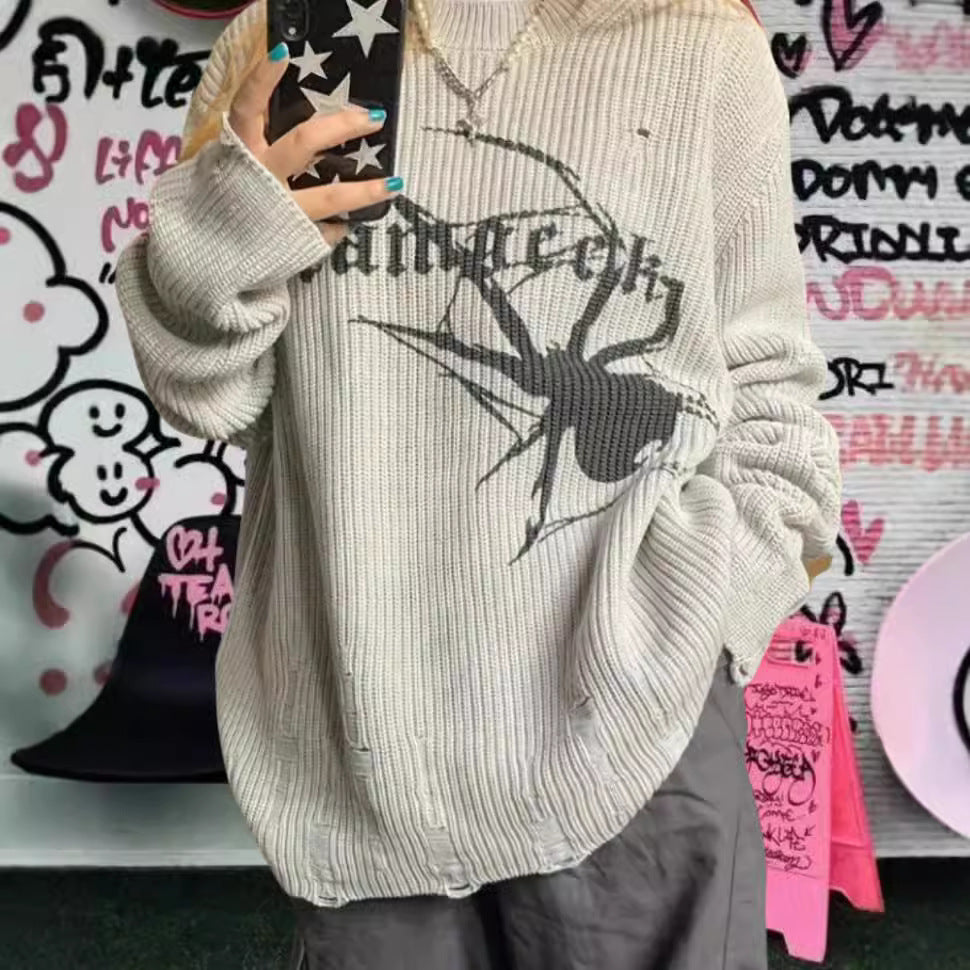 Damen Oversized Strickpullover mit auffälligem Spinnenmuster Drune