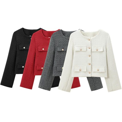 Damen elegante Blazerjacke im strukturierten Tweed-Design mit dekorativen Knopfdetails Drune