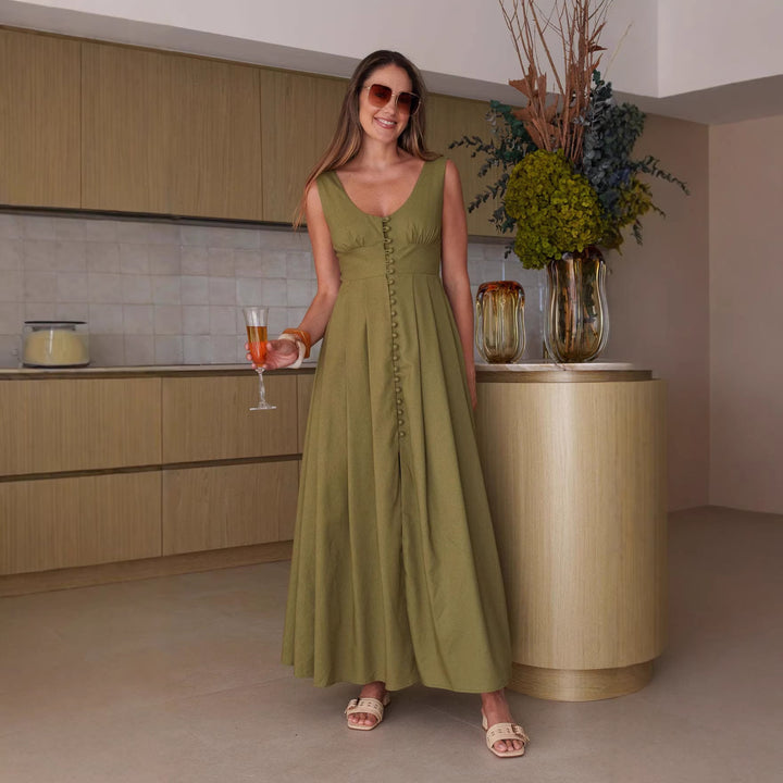 Damen Maxikleid mit schickem Knopfdesign und elegantem V-Ausschnitt Drune