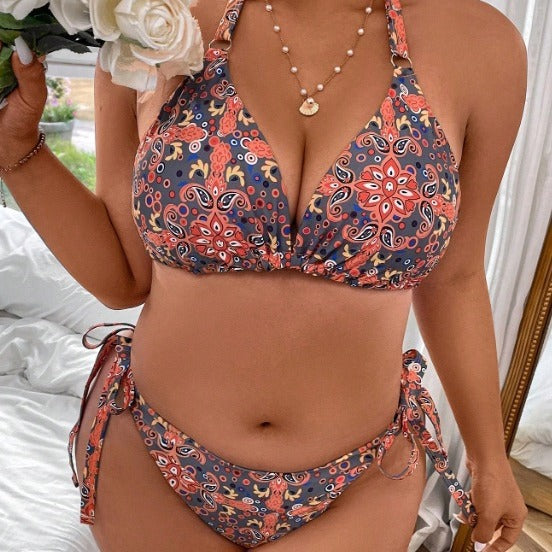 Damen Dreieck-Bikini mit buntem Muster und knotenförmigen Bindebändern Drune