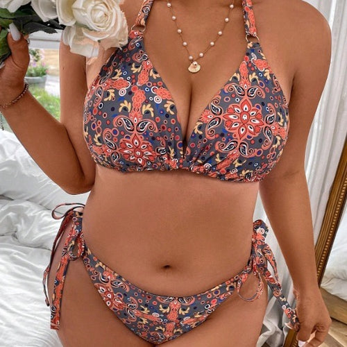 Damen Dreieck-Bikini mit buntem Muster und knotenförmigen Bindebändern Drune