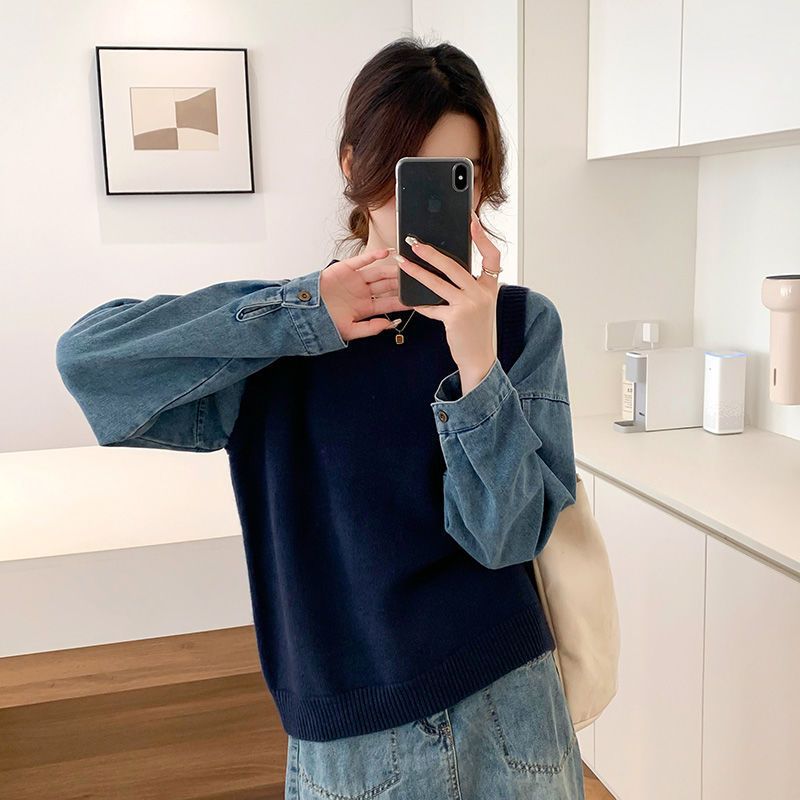 Damen Strickpullover mit Denim-Ärmeln Drune