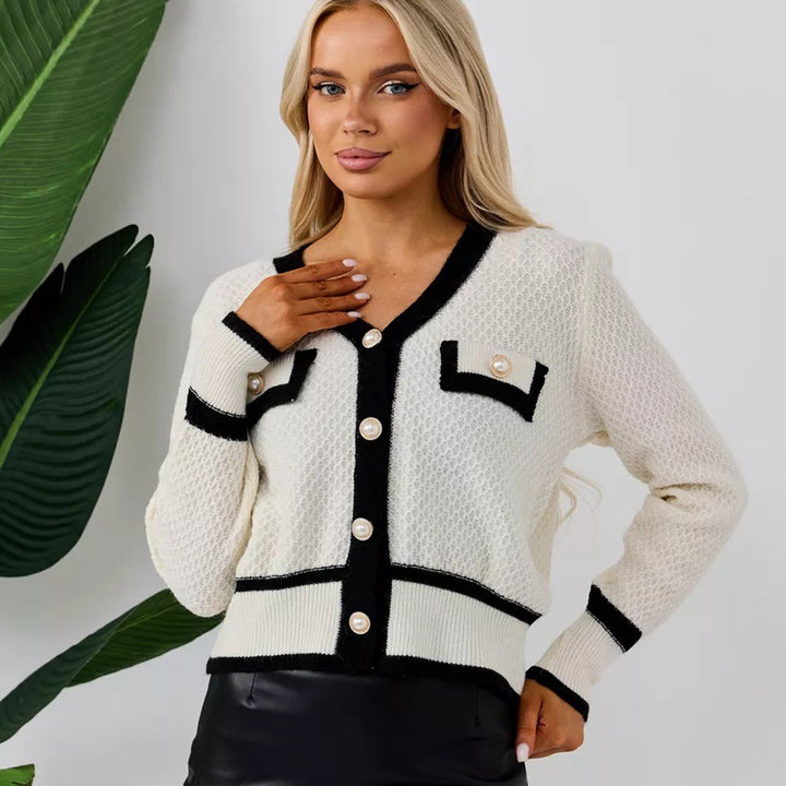 Damen modische Strickjacke mit eleganten Perlenknöpfen und Taschen Drune